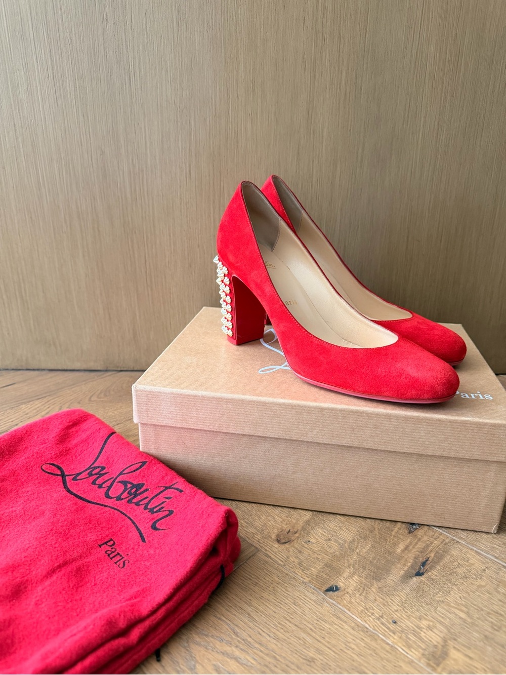 Christian Louboutin Red Stud-Embellished Suede Block Heel Pumps
